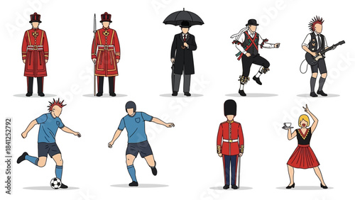 Stunning collection of iconic British cultural figures celebrating traditions and modern life across the UK