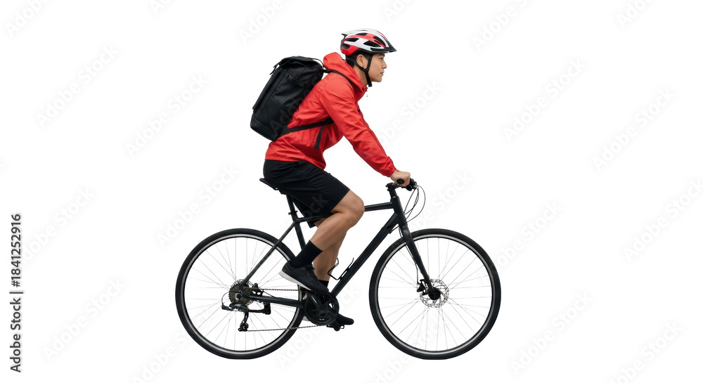 Obraz premium young adult asian man in a red technical windbreaker, helmet, and courier backpack actively riding a black hybrid city bike on a transparent studio background. concept of healthy urban commute