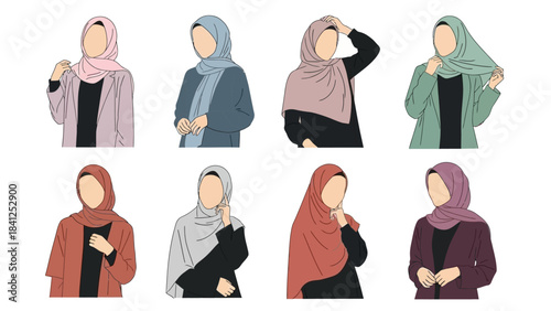 Diverse Muslim women wearing hijab in various poses and colors