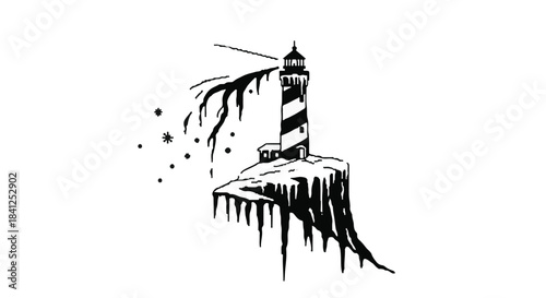 Isolated lighthouse stands strong against stormy, icy conditions, guiding ships through darkness.