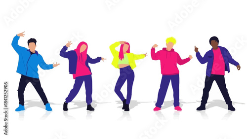 Diverse group of young people dancing together in colorful outfits