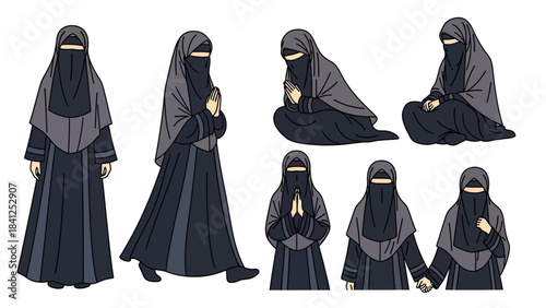 Muslim woman in niqab praying in various poses