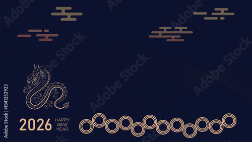Minimalist Line Art Dragon Illustration for Lunar New Year Background with Gold Gradient Clouds Circular Ornaments and Dark Blue Abstract Wave Lines