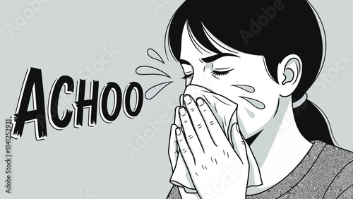 Woman sneezing dramatically with tissue in hand