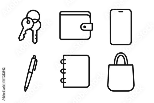 Daily Essentials Icons. Line style icons of Daily Essentials: keys, wallet, phone, pen, notebook, reusable bag. No text, No labels