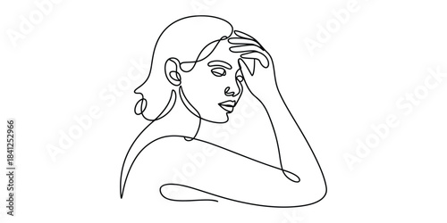 Woman with hand on forehead, continuous line drawing, minimalist art