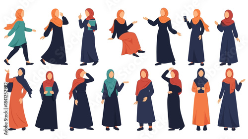 Diverse Muslim women in various poses and outfits