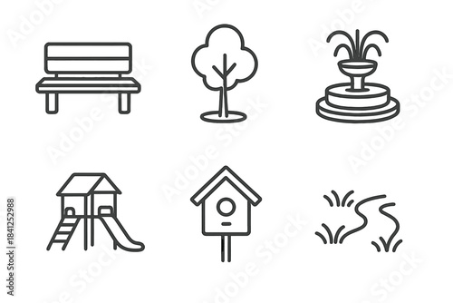 Miniature Park Elements. Line style icons of Miniature Spaces: small park bench, tiny tree, scaled-down fountain, compact