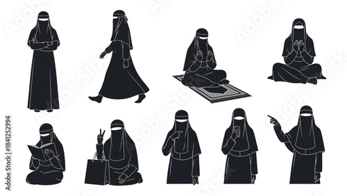 Diverse Muslim women in various niqab styles and daily activities