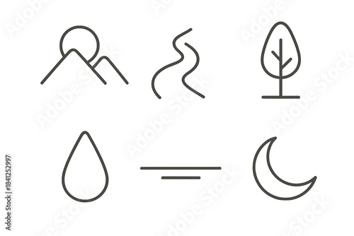 Calm Element Icons. Line style icons of Calm Elements: hollow sun over peaks, curved river ribbon, single-line tree, gentle