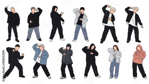 Dynamic dancers striking modern poses in casual streetwear perfect for youth culture and urban lifestyle content