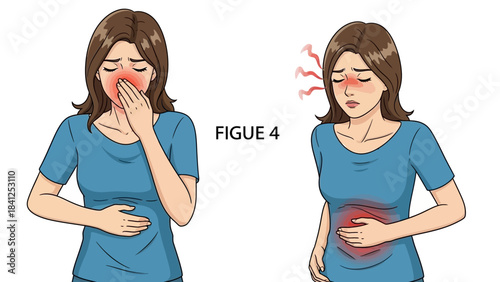 Woman experiencing nausea and stomach pain, conveying discomfort and illness with clear visual cues for medical or health contexts.