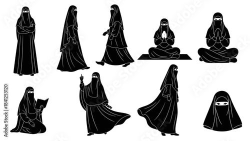 Diverse silhouettes of women wearing hijabs and niqabs in various poses, embodying faith, culture, and daily life activities with elegance