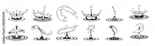 Water splash crown ripples droplet different shapes liquid drop set collection motion