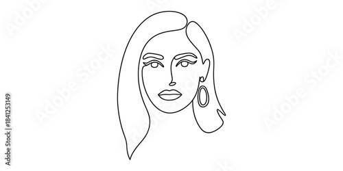 Minimalist one line drawing of woman face with hoop earring