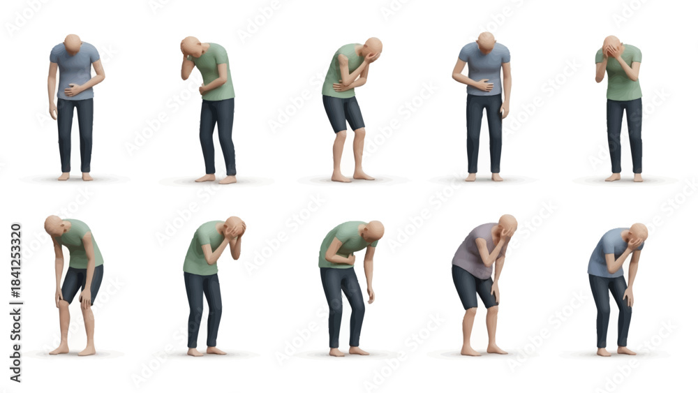 Fototapeta premium A bald man in various poses expressing discomfort or pain