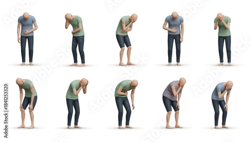 A bald man in various poses expressing discomfort or pain