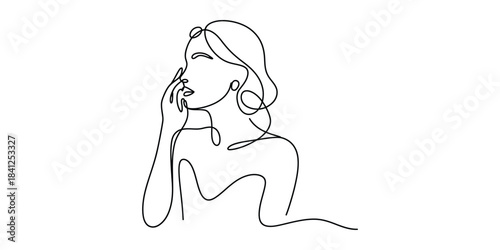 Minimalist one line drawing of woman touching face isolated