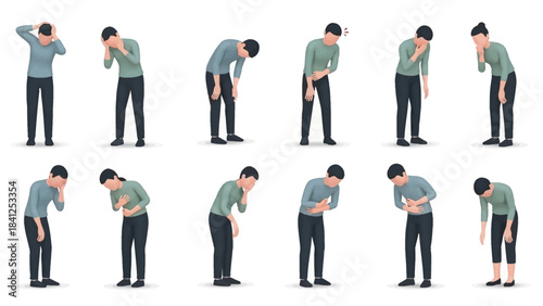 A man experiencing various physical discomforts and pains in different poses