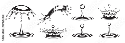 Water splash set liquid drop different shapes aqua fresh clean droplet ripple collection