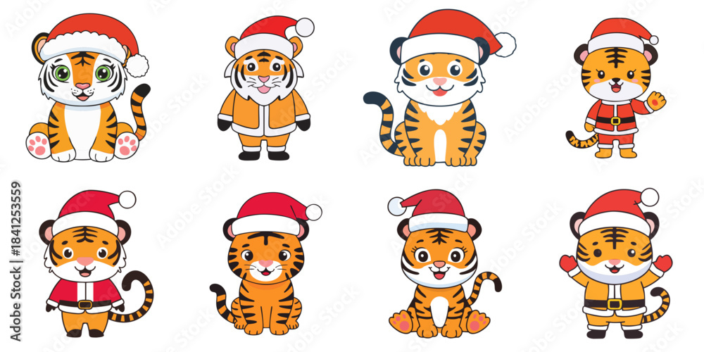 Fototapeta premium Multiple tigers dressed as Santa Claus vector illustration