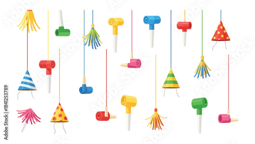 Party Horns Celebration: A festive array of vibrant party horns and whistles hangs, ready to usher in a moment of celebration. a variety of party accessories and decor for festive gathering.