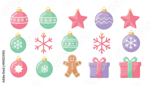 Festive Array of Christmas Ornaments and Gifts: A charming collection of Christmas decorations, including vibrant ornaments, stars, gingerbread man, gift, snowflake, presents.