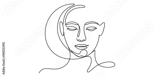 Minimalist one line drawing of a womans face with crescent moon