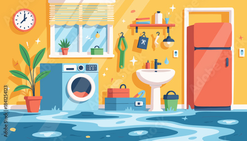 Colorful laundry room with flooded floor and modern appliances  