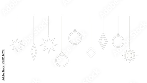 Abstract Christmas Ornament Hanging: An array of minimalist Christmas ornament suspended against a simple backdrop, each unique, reflecting the quiet elegance and festive season.
