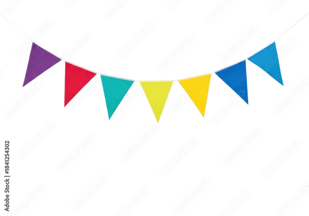 Obraz premium vibrant fabric bunting banner (garland) with five colorful triangular pennants suspended in an arc, isolated on a transparent studio background for copy space. commercial celebration decor concept