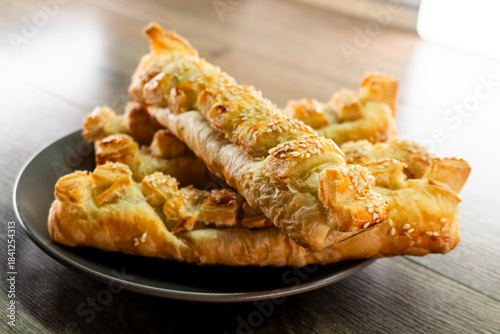 Puff pastry with strawberry jam. Jam-filled pastries. Food concept.