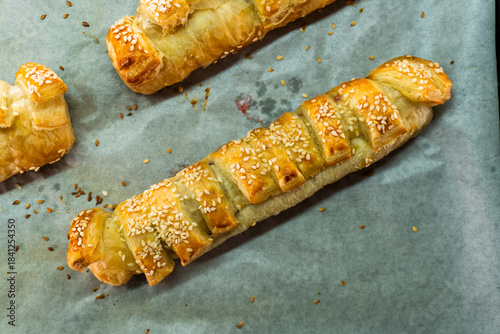 Puff pastry with strawberry jam. Jam-filled pastries. Food concept.