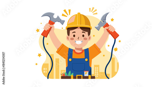 man celebrating with tools and hard hat in the city  