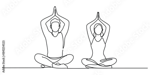 Man and woman meditating in lotus pose with hands joined above head