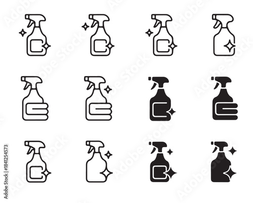 Cleaning spray bottle icons with sparkle effect in outline and solid styles