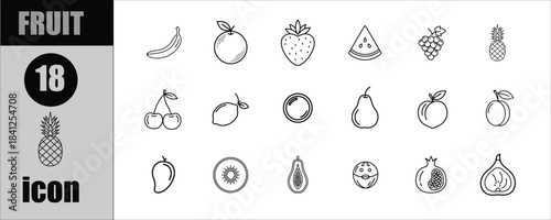  Fruit Icon Set Collection 18 Line Art Vector Illustrations Food Healthy Nutrition Symbols