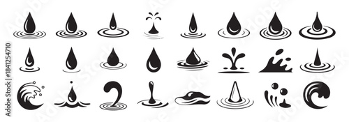 Water drop and splash icons set, liquid droplets and waves black silhouettes collection
