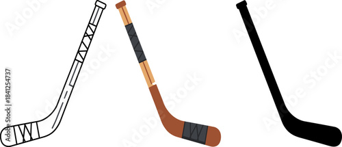 Ice Hockey Stick Icon Set - Outline, Color, and Silhouette Vector