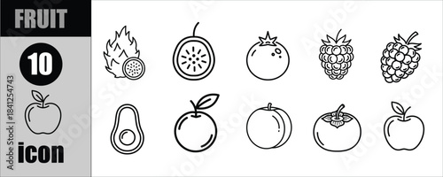 Fruit Icon Set Collection 10 Line Art Vector Illustrations Food Healthy Organic Nutrition Symbols