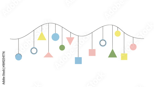 Geometric Harmony: A minimalistic design showcases a collection of colorful geometric shapes gracefully suspended along a wave-like line, creating a sense of balance and aesthetic appeal.