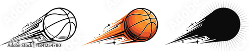 Flying Basketball Icon Set - Outline, Full Color and Black Silhouette - Dynamic Sport Vector Graphic.
