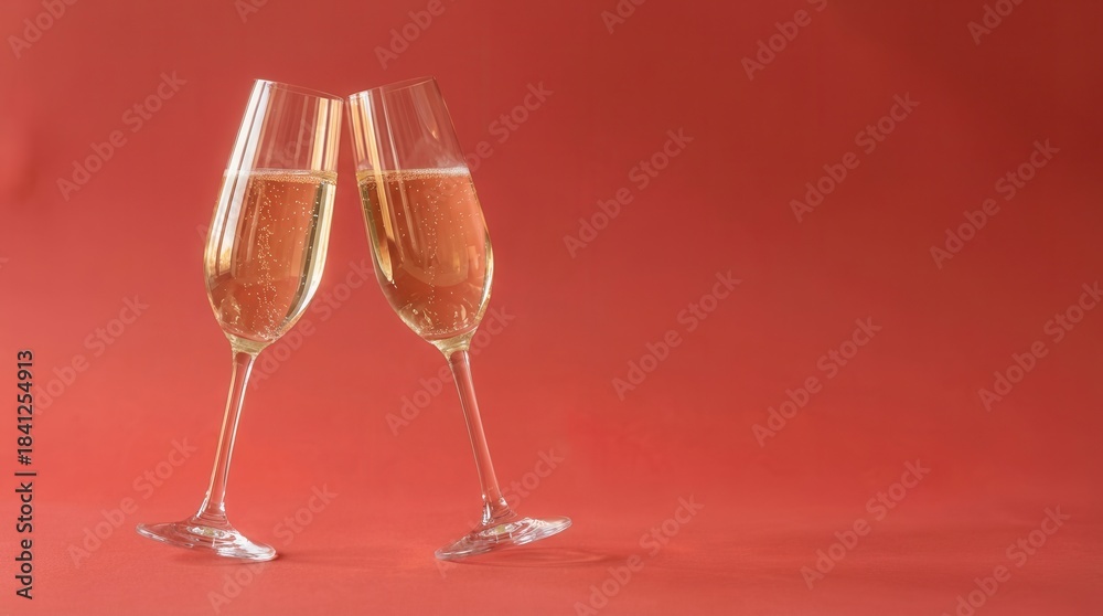 Fototapeta premium Two elegant champagne flutes clinking in a toast against a vibrant red background.