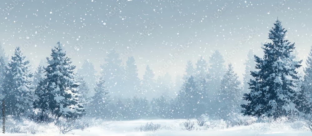Fototapeta premium Snowy Evergreen Forest Illustration, Tranquil Winter Landscape, Watercolor Style