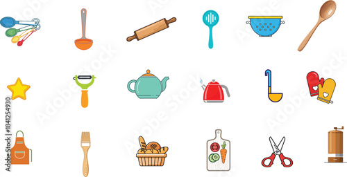 Kitchen Cooking Tools Icon Set Colorful Vector Illustrations Utensils Baking Equipment Collection