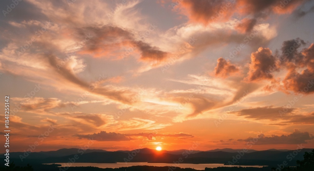Fototapeta premium Vibrant Sunset Over Calm Lake with Dramatic Cloud Formations.