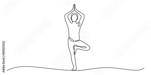 One line drawing of person doing tree pose yoga asana white