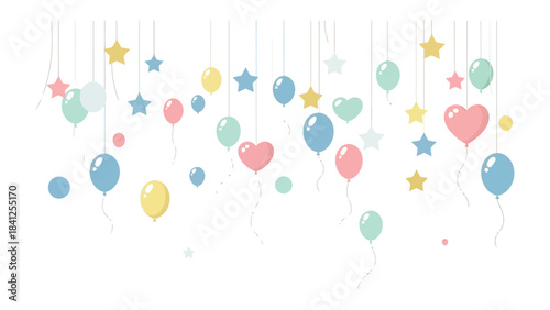 Festive Balloons and Stars: A delicate and joyful display of hanging balloons in various pastel colors and whimsical star shapes creates a scene of festive charm and celebration.
