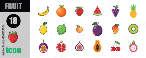  Fruit Icon Set Collection 18 Colorful Vector Illustrations Fresh Food Healthy Organic Nutrition Symbols