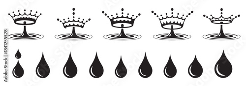 Set of black silhouette water crown splash and water drop flat vector icon illustration